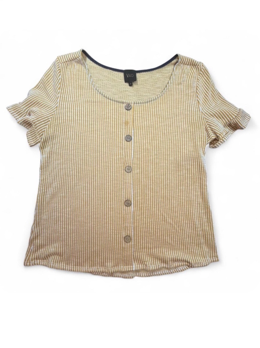 W5 Yellow White Striped Ruffle Sleeve Button Front Top Women’s M